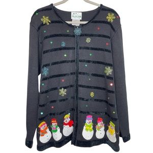 Quacker Factory Black Snowmen Snowflake Ugly Holiday Christmas Sweater Size L